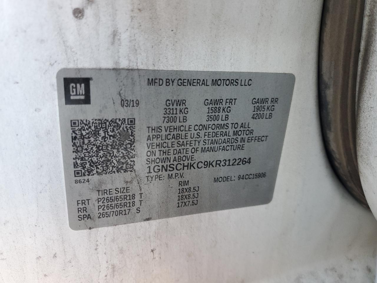 2019 Chevrolet Suburban C1500 Lt VIN: 1GNSCHKC9KR312264 Lot: 90809485