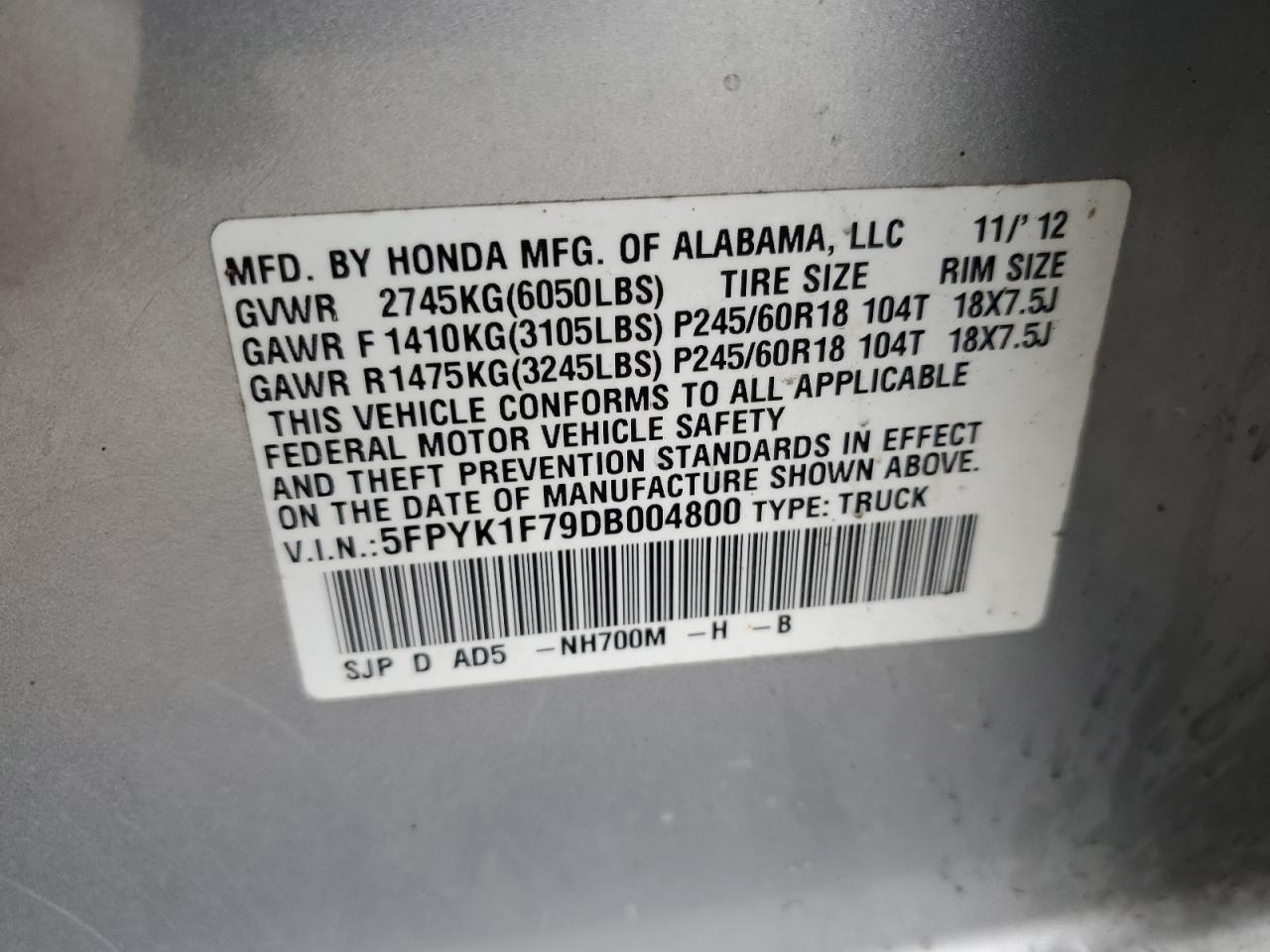 2013 Honda Ridgeline Sport VIN: 5FPYK1F79DB004800 Lot: 93156265