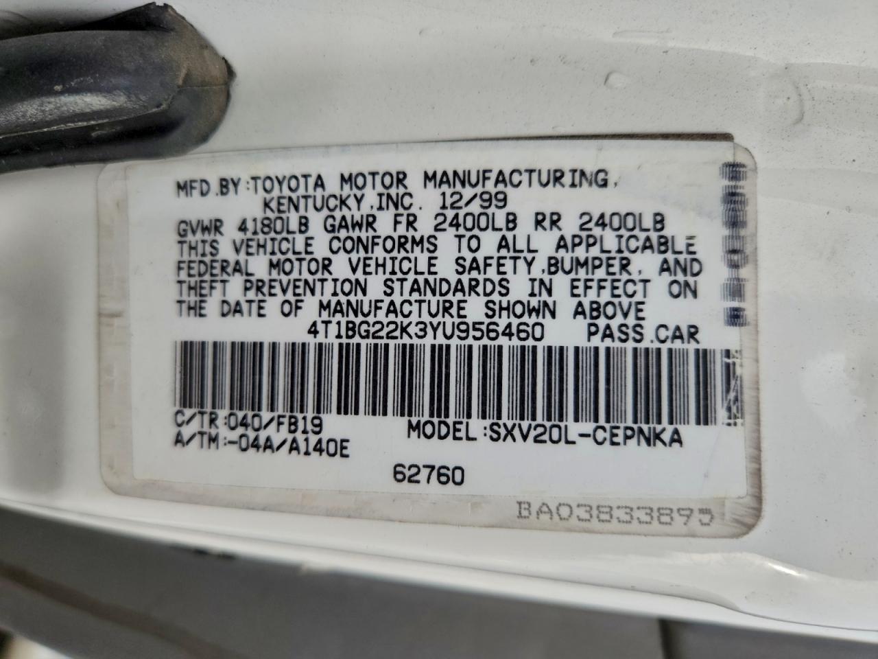 2000 Toyota Camry Ce VIN: 4T1BG22K3YU956460 Lot: 94253975