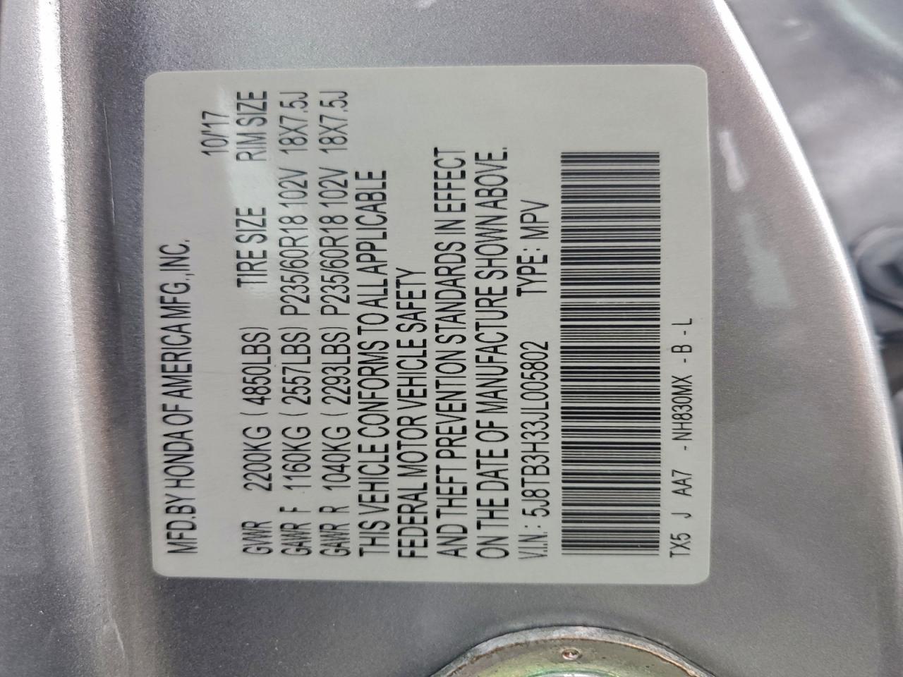 2018 Acura Rdx VIN: 5J8TB3H33JL005802 Lot: 93862785