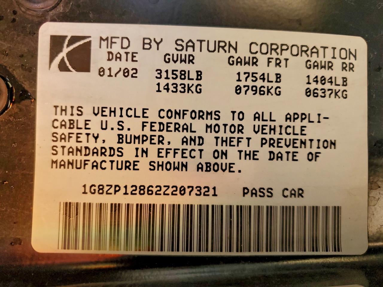 2002 Saturn Sc1 VIN: 1G8ZP12862Z207321 Lot: 93765115