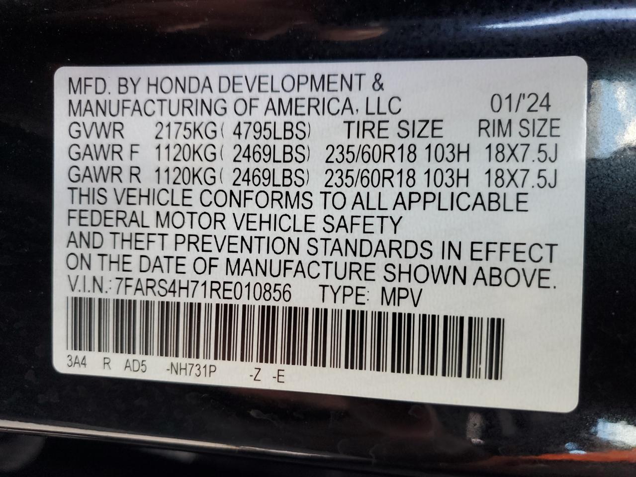 2024 Honda Cr-V Exl VIN: 7FARS4H71RE010856 Lot: 93068595