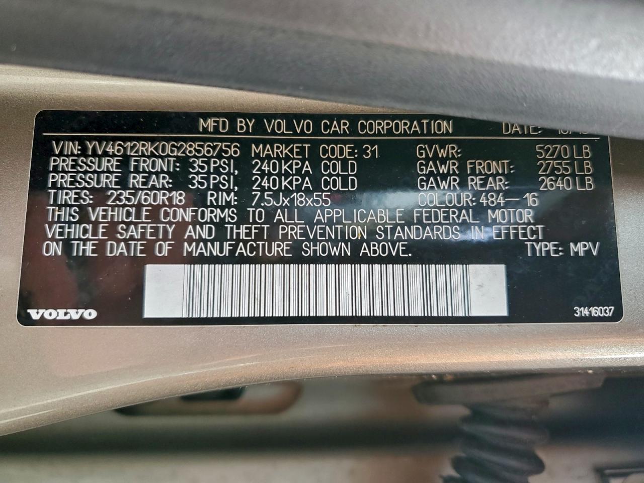 2016 Volvo Xc60 T5 Premier VIN: YV4612RK0G2856756 Lot: 93897895