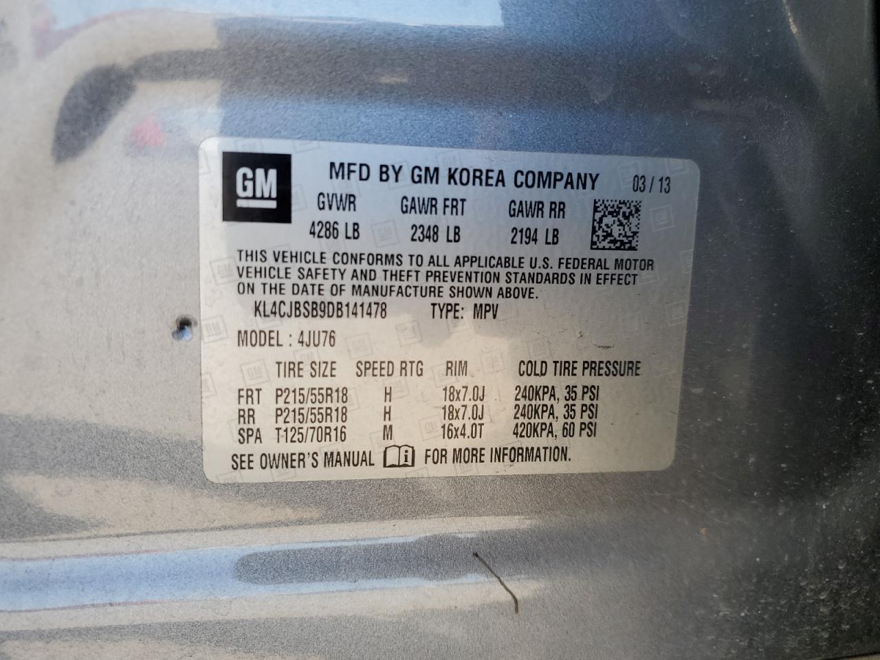 2013 Buick Encore Convenience VIN: KL4CJBSB9DB141478 Lot: 92729675