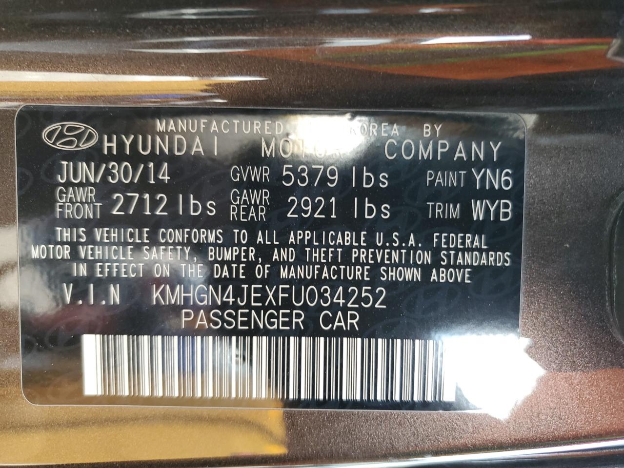 2015 Hyundai Genesis 3.8L VIN: KMHGN4JEXFU034252 Lot: 91806645