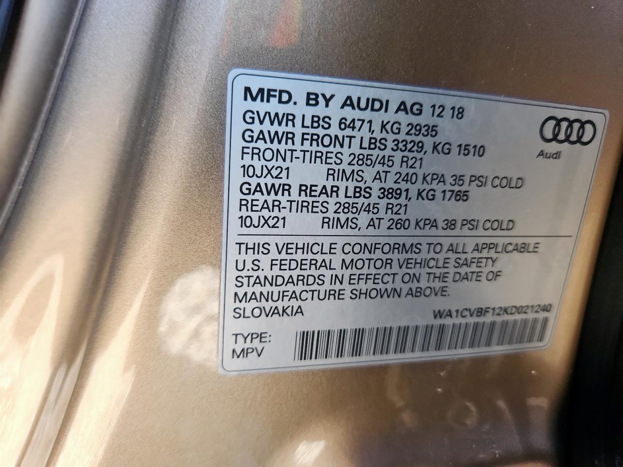 2019 Audi Q8 Prestige VIN: WA1CVBF12KD021240 Lot: 91302695