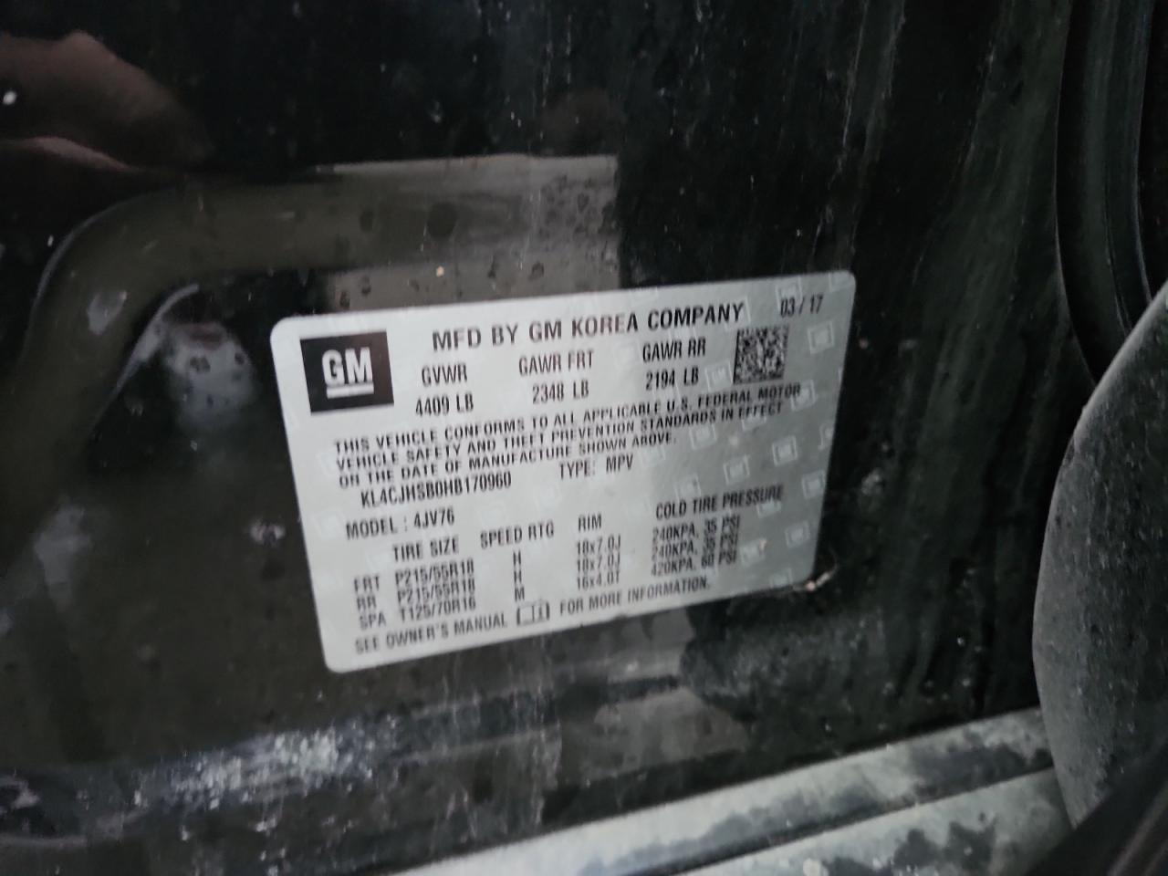 2017 Buick Encore Premium VIN: KL4CJHSB0HB170960 Lot: 93975115