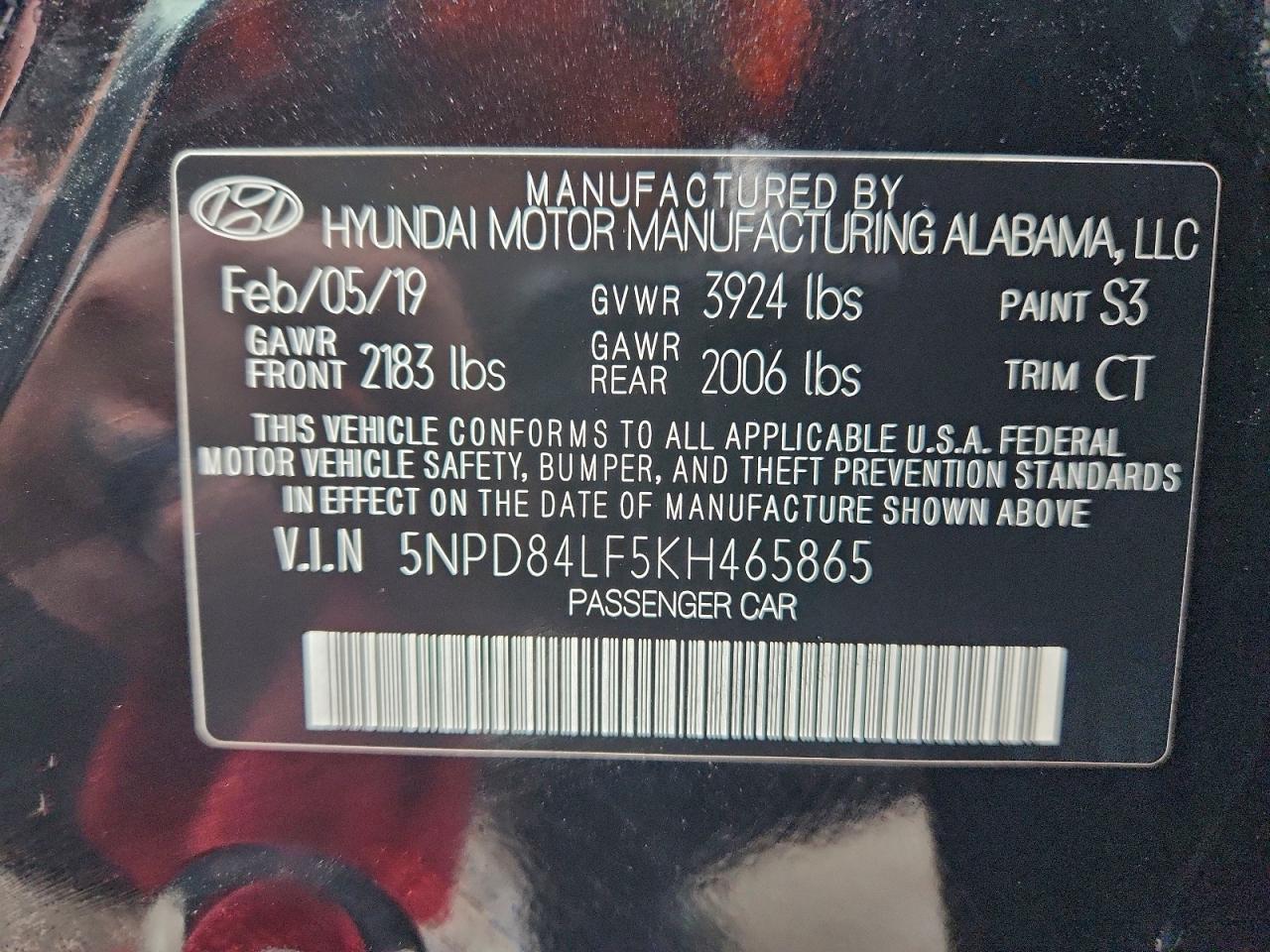 2019 Hyundai Elantra Sel VIN: 5NPD84LF5KH465865 Lot: 93643655