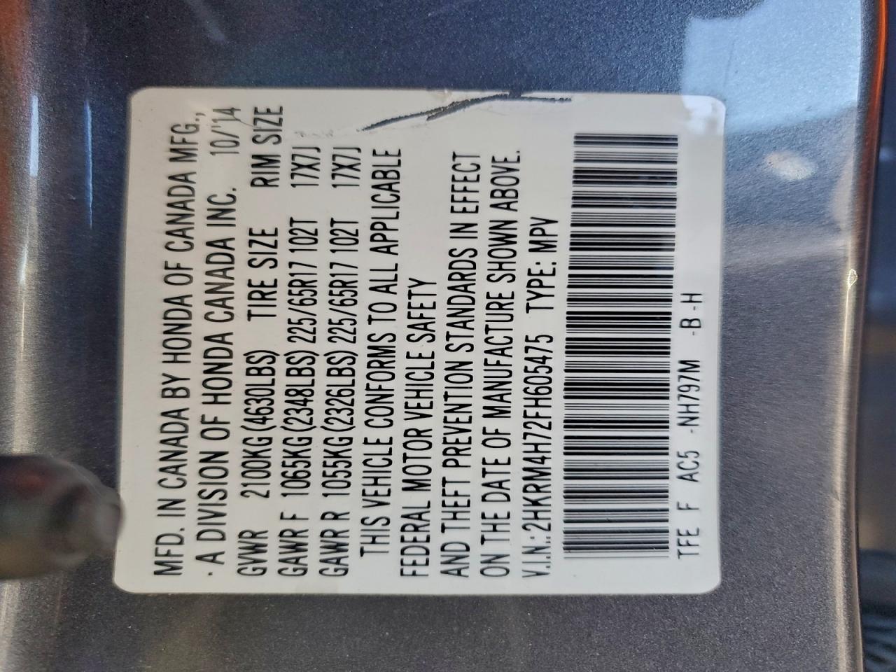 2015 Honda Cr-V Exl VIN: 2HKRM4H72FH605475 Lot: 93844065