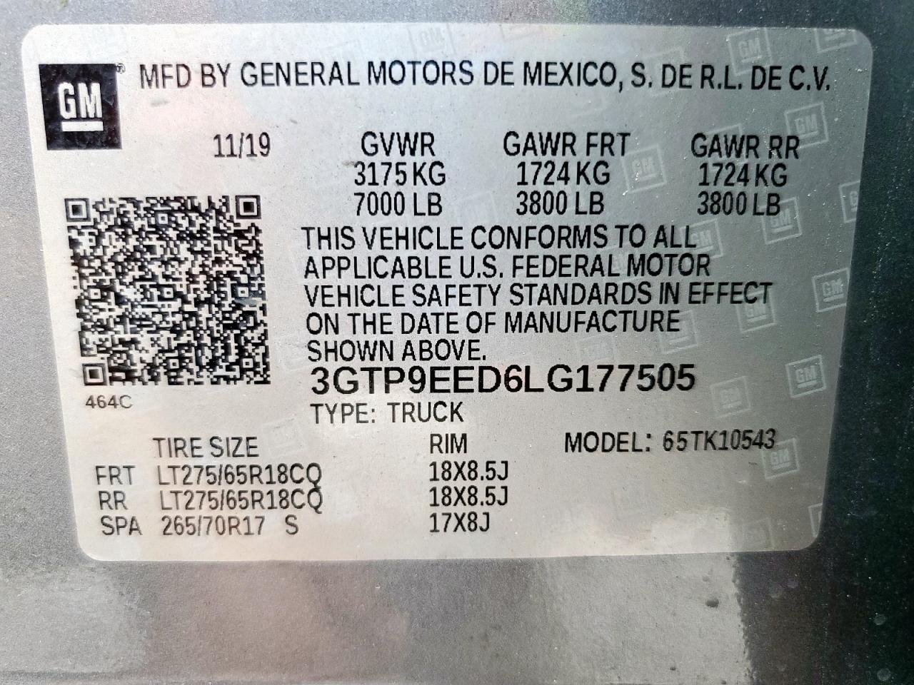 2020 GMC Sierra K1500 At4 VIN: 3GTP9EED6LG177505 Lot: 91733715