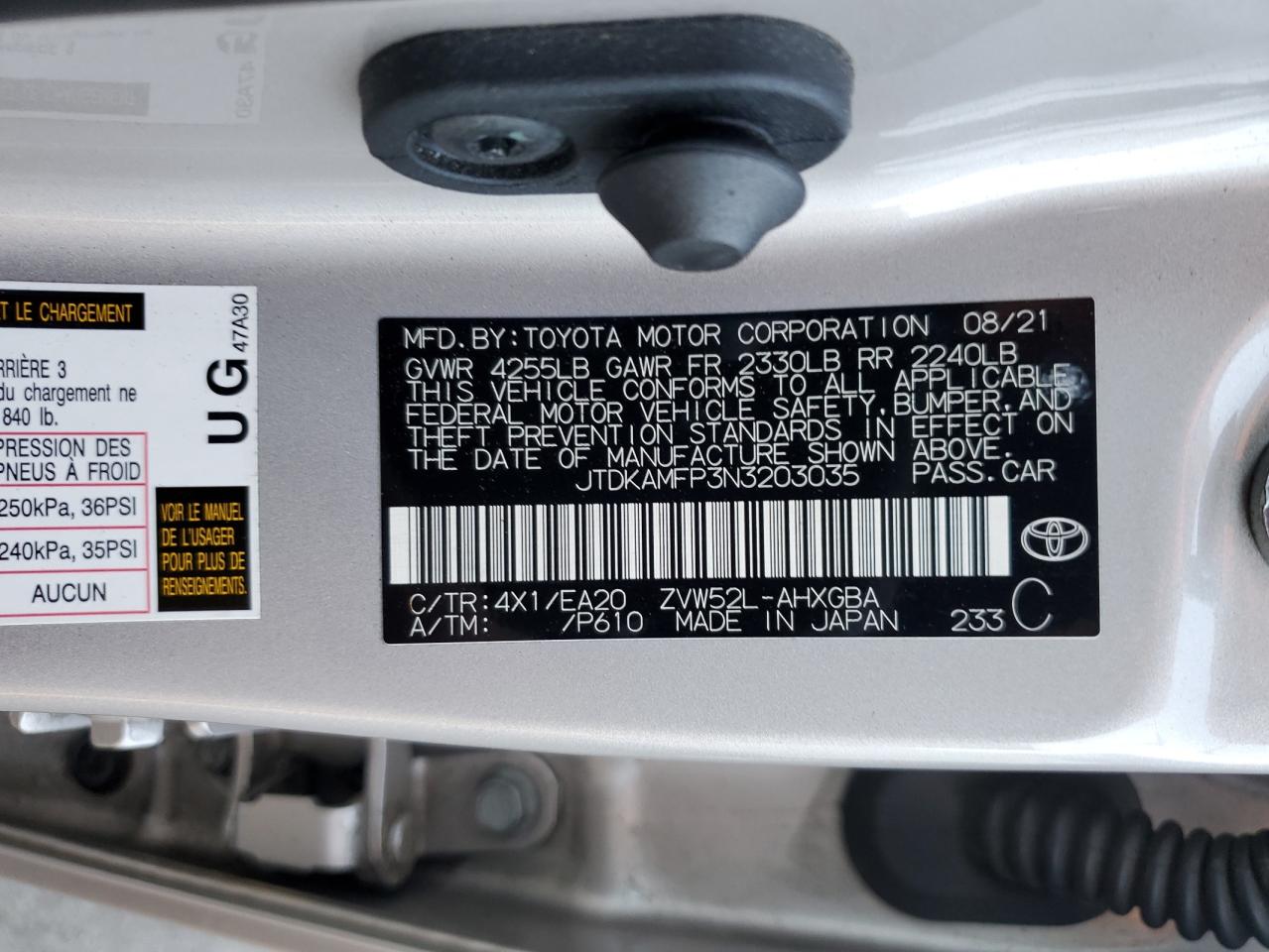 2022 Toyota Prius Prime Le VIN: JTDKAMFP3N3203035 Lot: 90902125