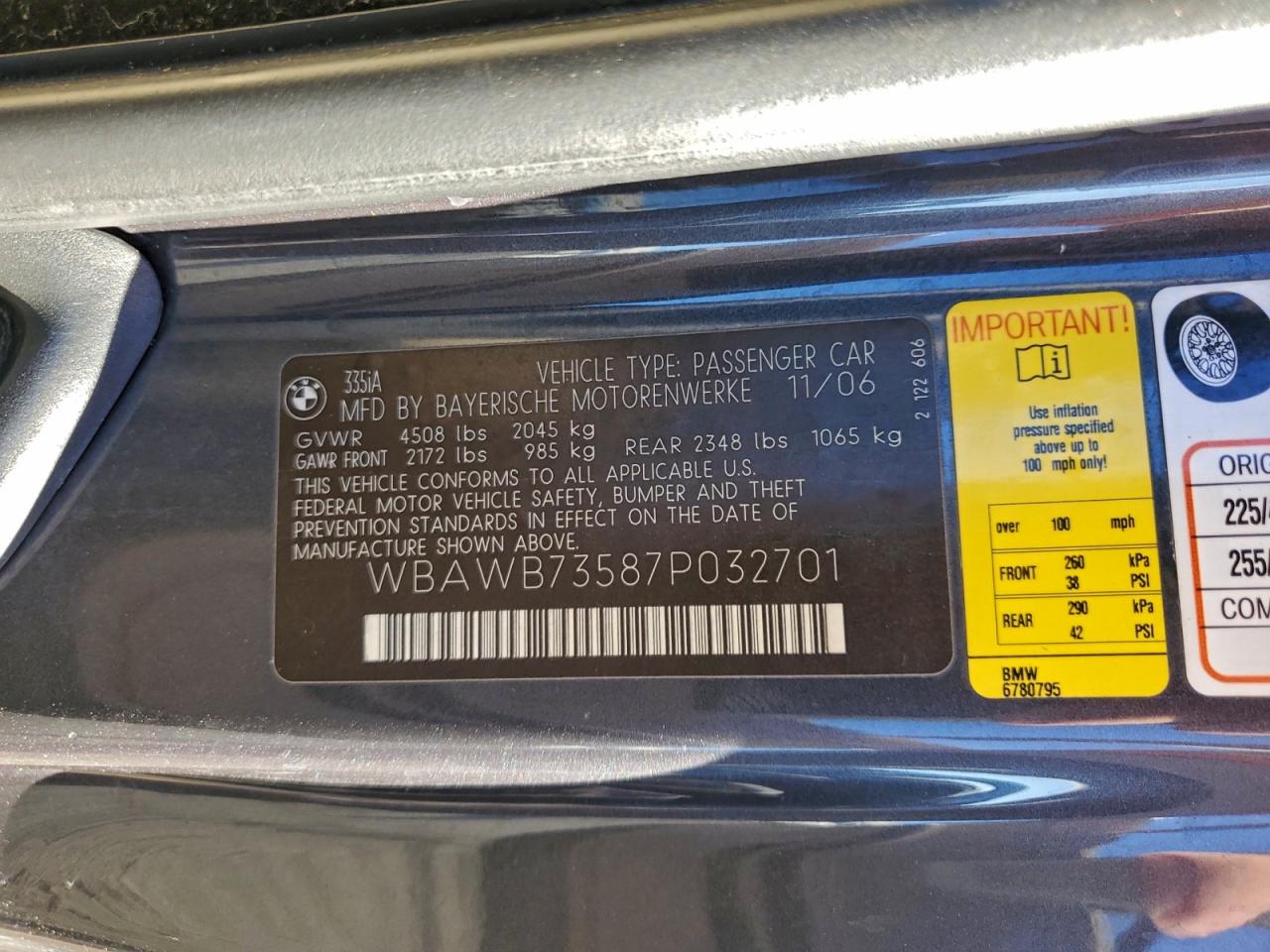 2007 BMW 335 I VIN: WBAWB73587P032701 Lot: 94392095