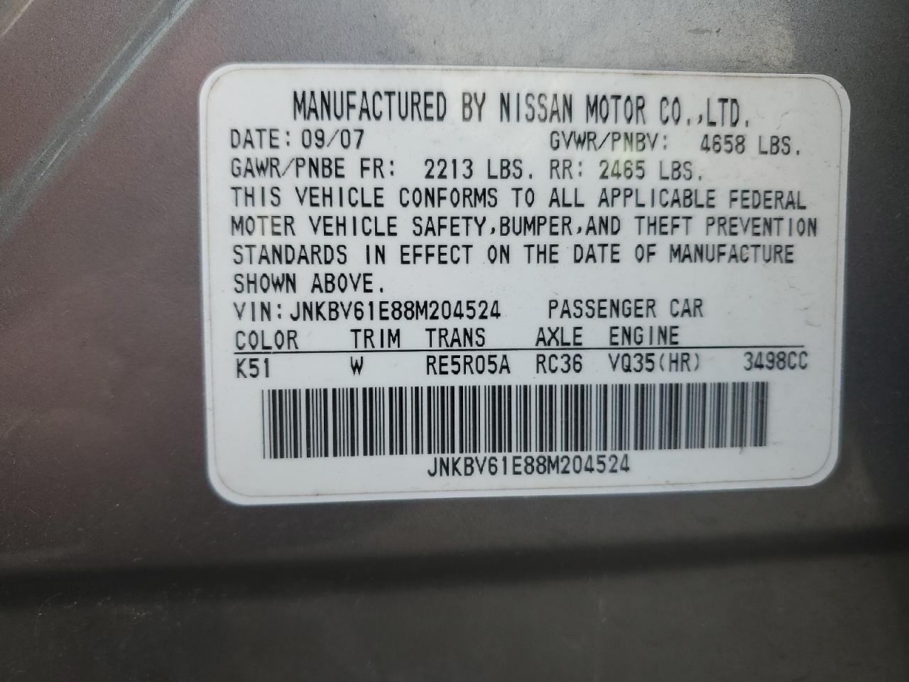 2008 Infiniti G35 VIN: JNKBV61E88M204524 Lot: 93411355