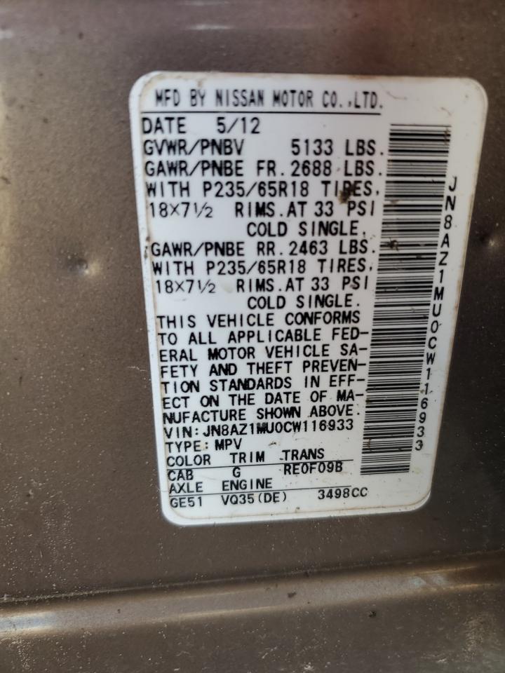 2012 Nissan Murano S VIN: JN8AZ1MU0CW116933 Lot: 93325375