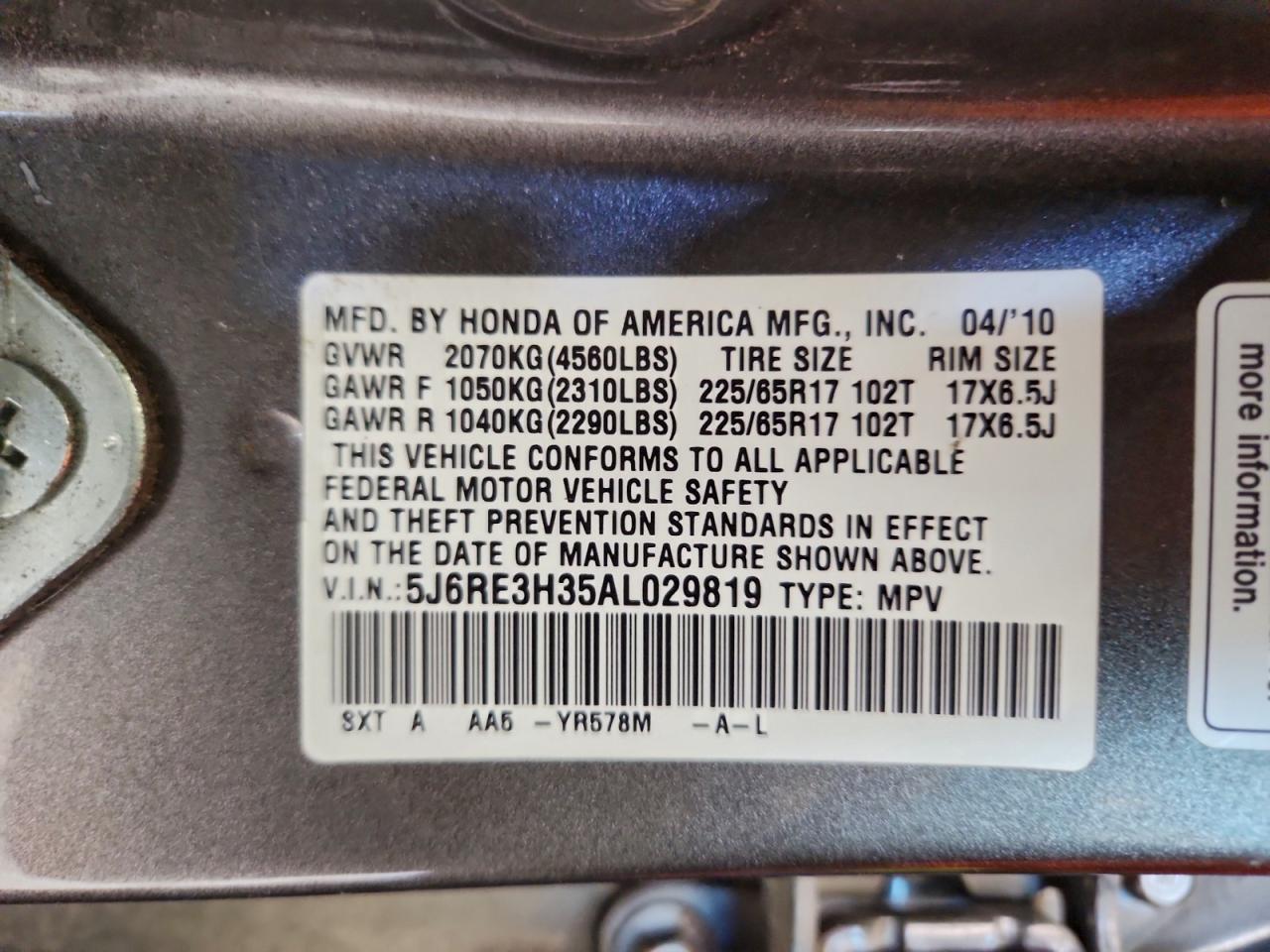 2010 Honda Cr-V Lx VIN: 5J6RE3H35AL029819 Lot: 94498715