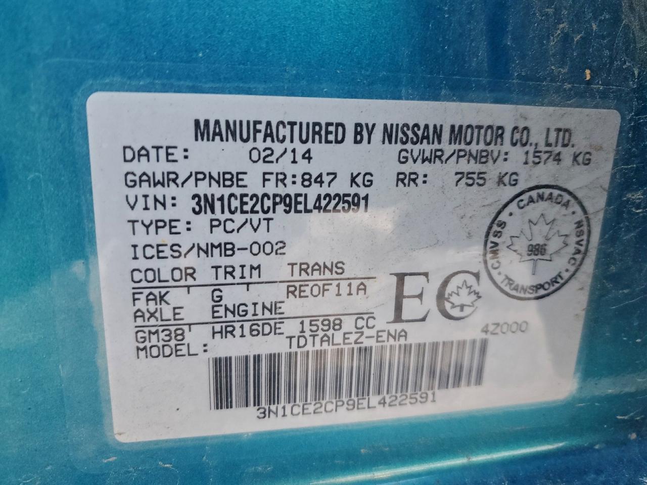 2014 Nissan Versa Note S VIN: 3N1CE2CP9EL422591 Lot: 93717895