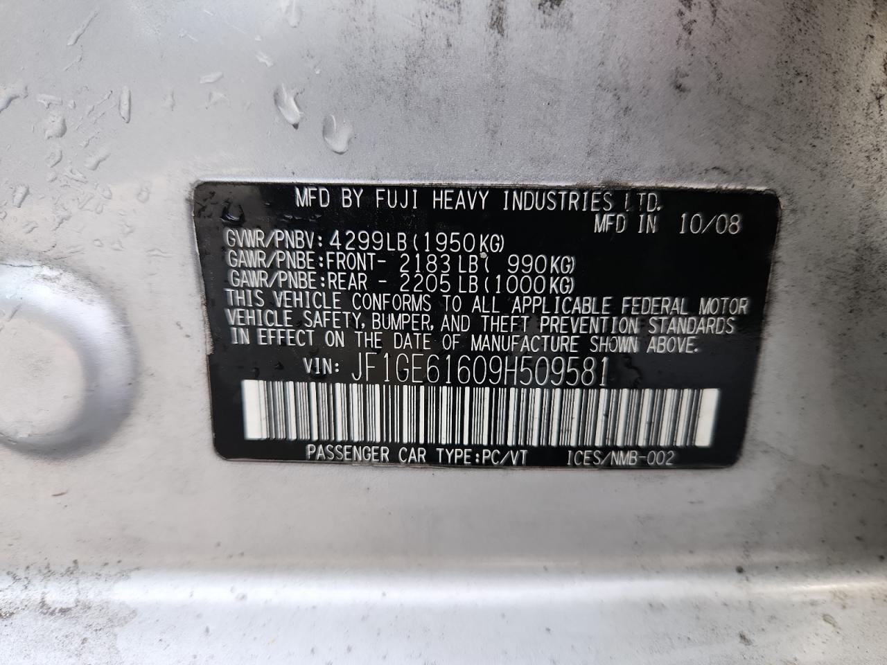 2009 Subaru Impreza 2.5I VIN: JF1GE61609H509581 Lot: 91118745