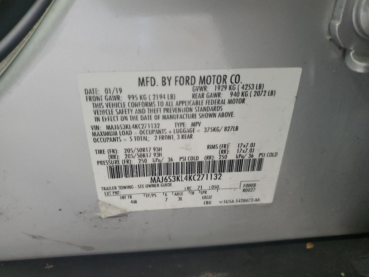 2019 Ford Ecosport Titanium VIN: MAJ6S3KL4KC271132 Lot: 92167175