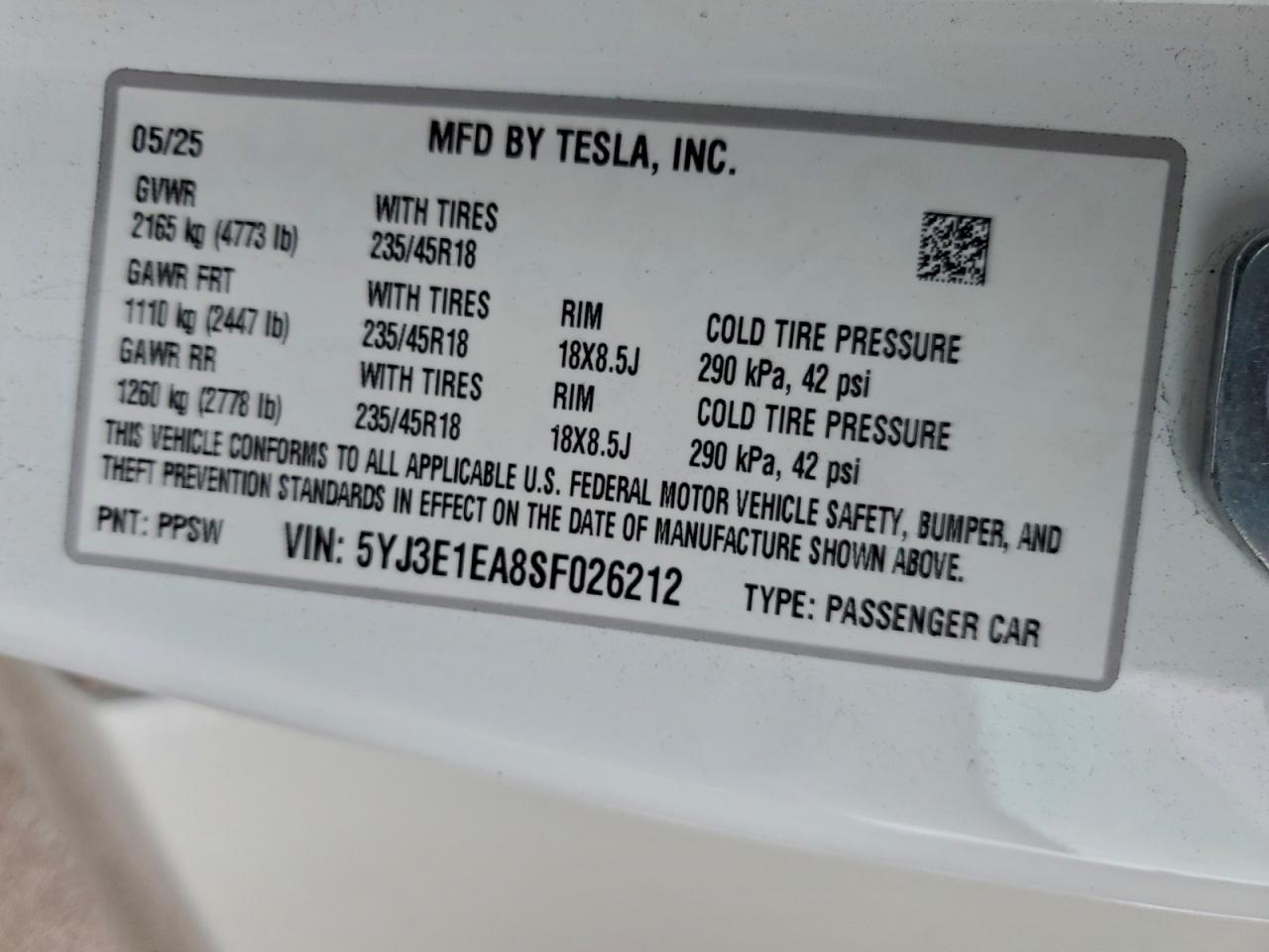2025 Tesla Model 3 VIN: 5YJ3E1EA8SF026212 Lot: 92752425