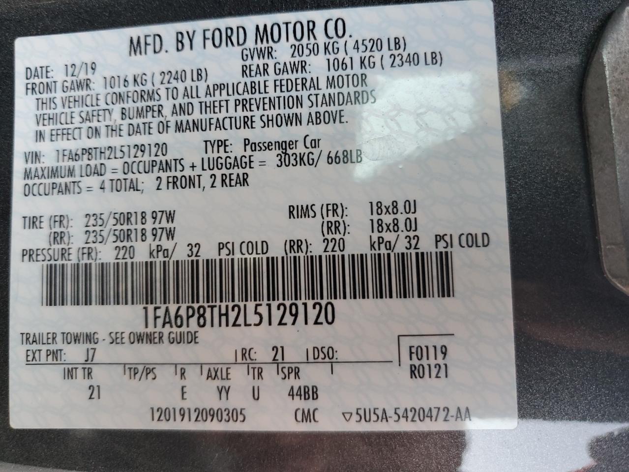 2020 Ford Mustang VIN: 1FA6P8TH2L5129120 Lot: 91868895