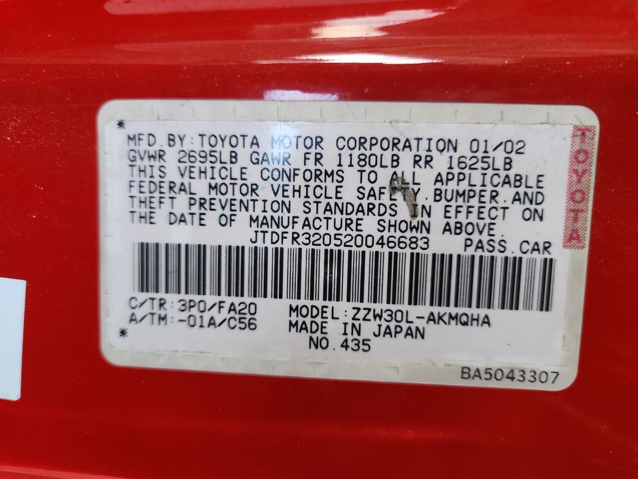 2002 Toyota Mr2 Spyder VIN: JTDFR320520046683 Lot: 91714225