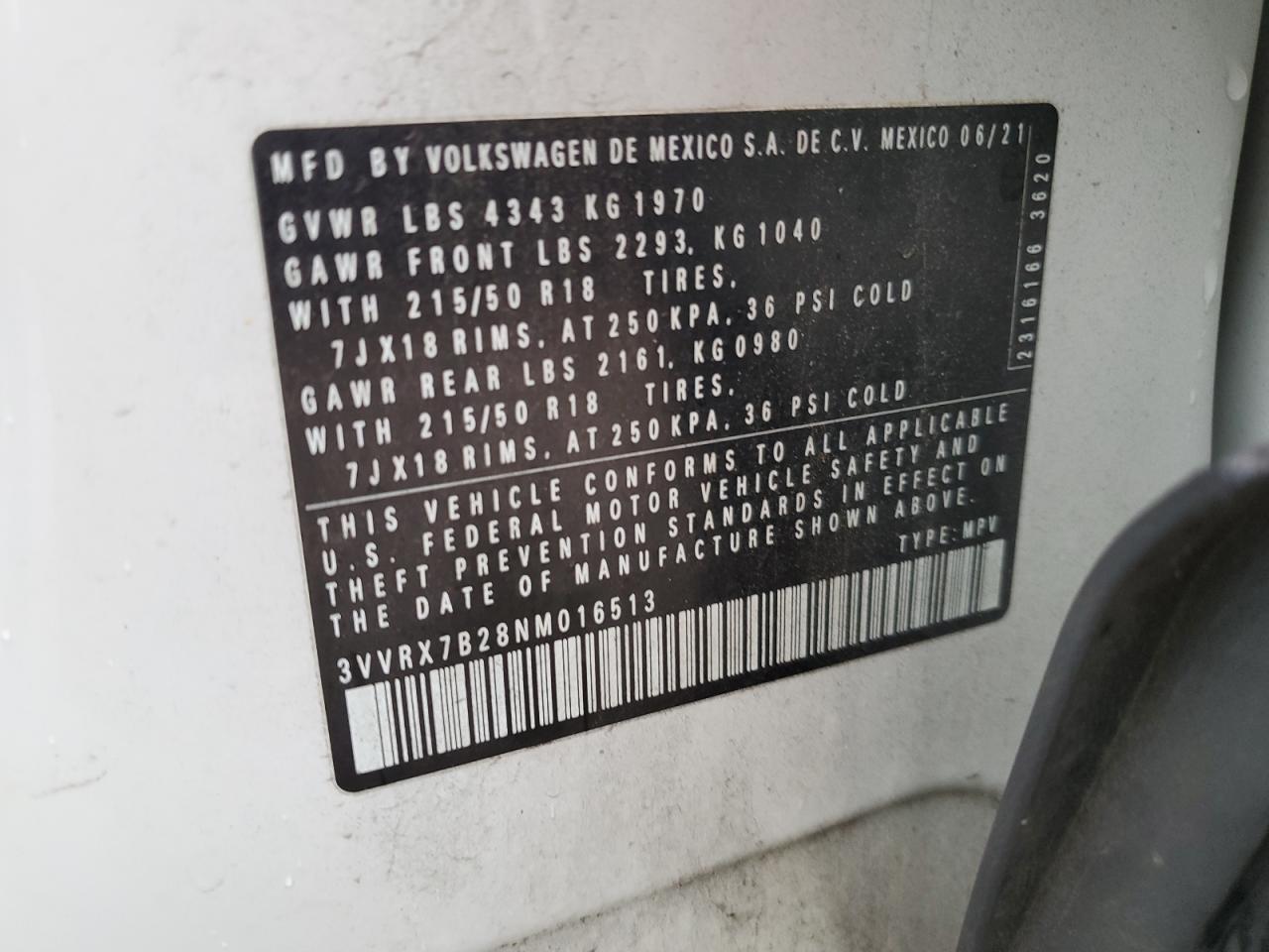 2022 Volkswagen Taos Se VIN: 3VVRX7B28NM016513 Lot: 91889755