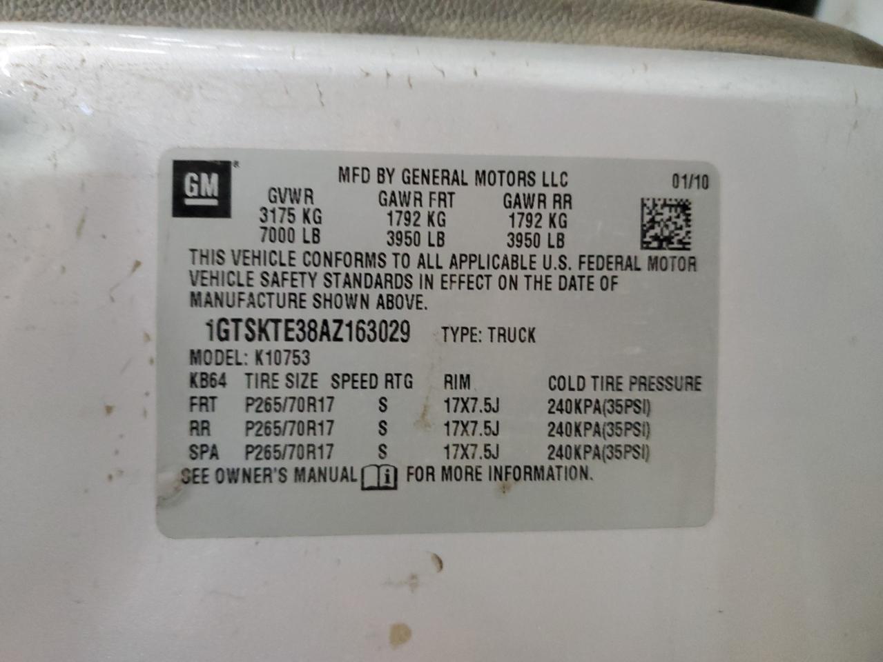 2010 GMC Sierra K1500 VIN: 1GTSKTE38AZ163029 Lot: 92179405