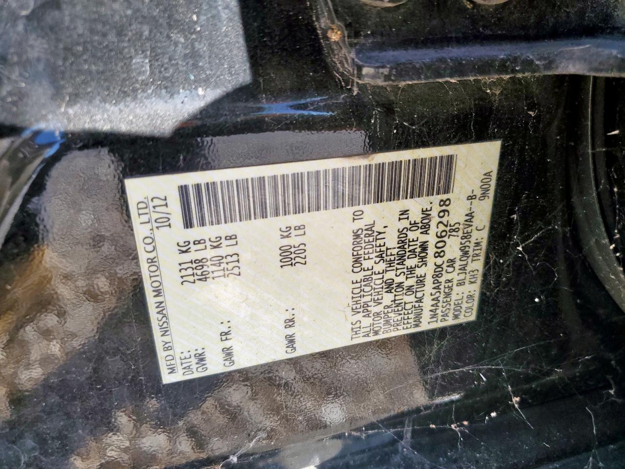 2013 Nissan Maxima S VIN: 1N4AA5AP8DC806298 Lot: 92505755