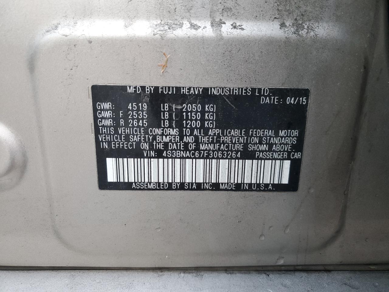 2015 Subaru Legacy 2.5I Premium VIN: 4S3BNAC67F3063264 Lot: 92527905