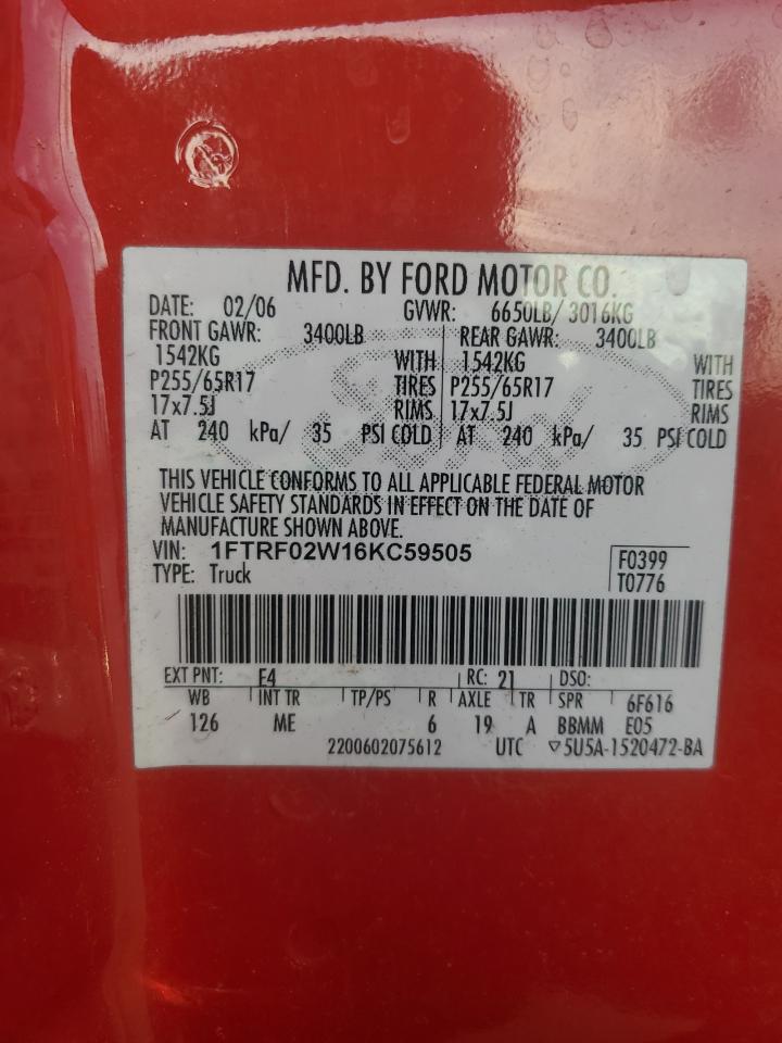 2006 Ford F150 VIN: 1FTRF02W16KC59505 Lot: 93377935