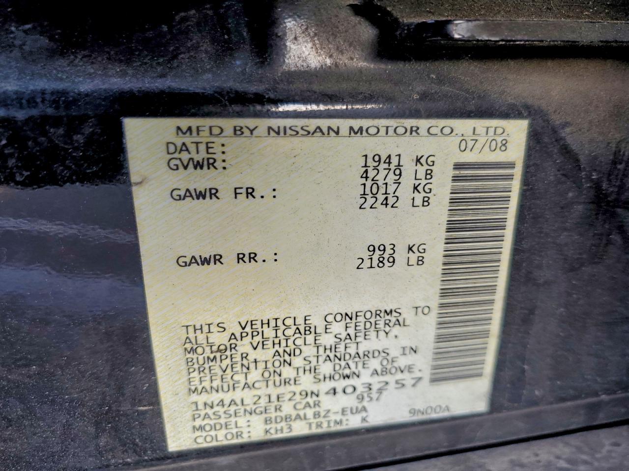 2009 Nissan Altima 2.5 VIN: 1N4AL21E29N403257 Lot: 90821125