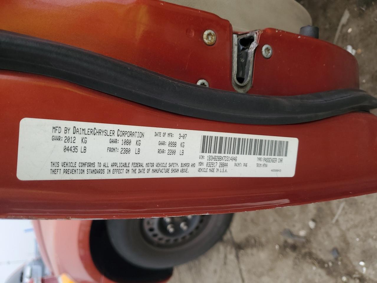 2007 Dodge Caliber VIN: 1B3HB28BX7D314046 Lot: 93535255