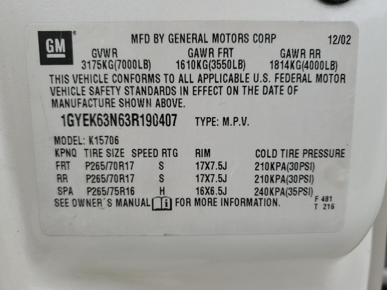 2003 Cadillac Escalade Luxury VIN: 1GYEK63N63R190407 Lot: 92420885