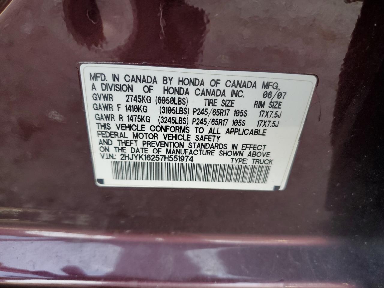 2007 Honda Ridgeline Rt VIN: 2HJYK16257H551974 Lot: 85429595