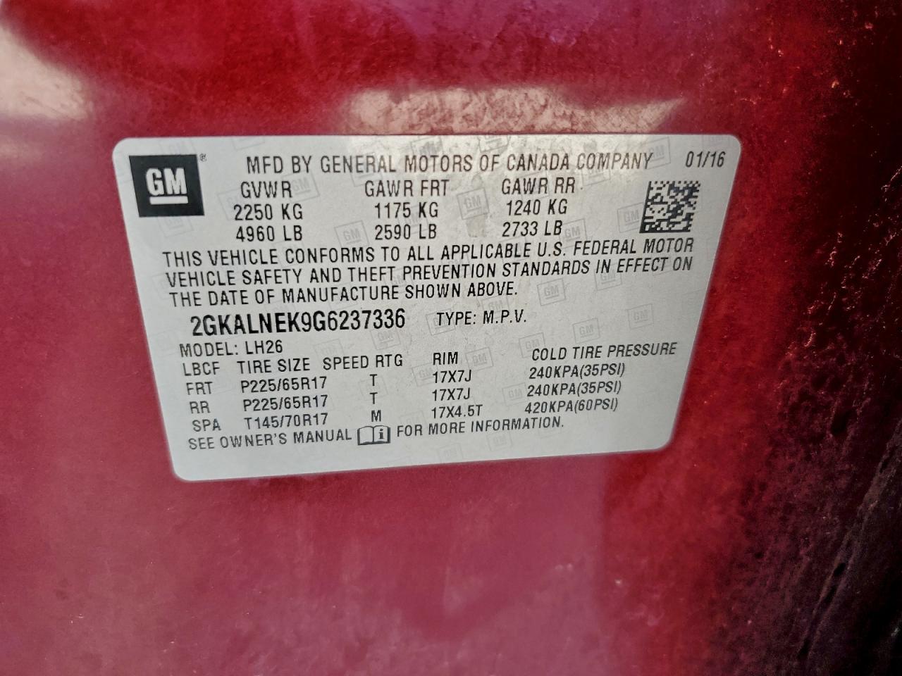 2016 GMC Terrain Sle VIN: 2GKALNEK9G6237336 Lot: 94329445