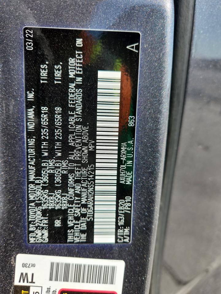 2022 Toyota Highlander Hybrid Xle VIN: 5TDGARAH2NS514215 Lot: 93004635