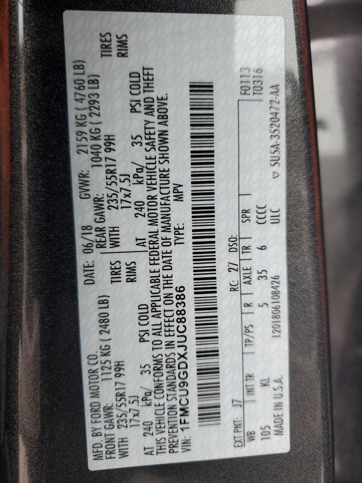 2018 Ford Escape Se VIN: 1FMCU9GDXJUC88386 Lot: 93721235