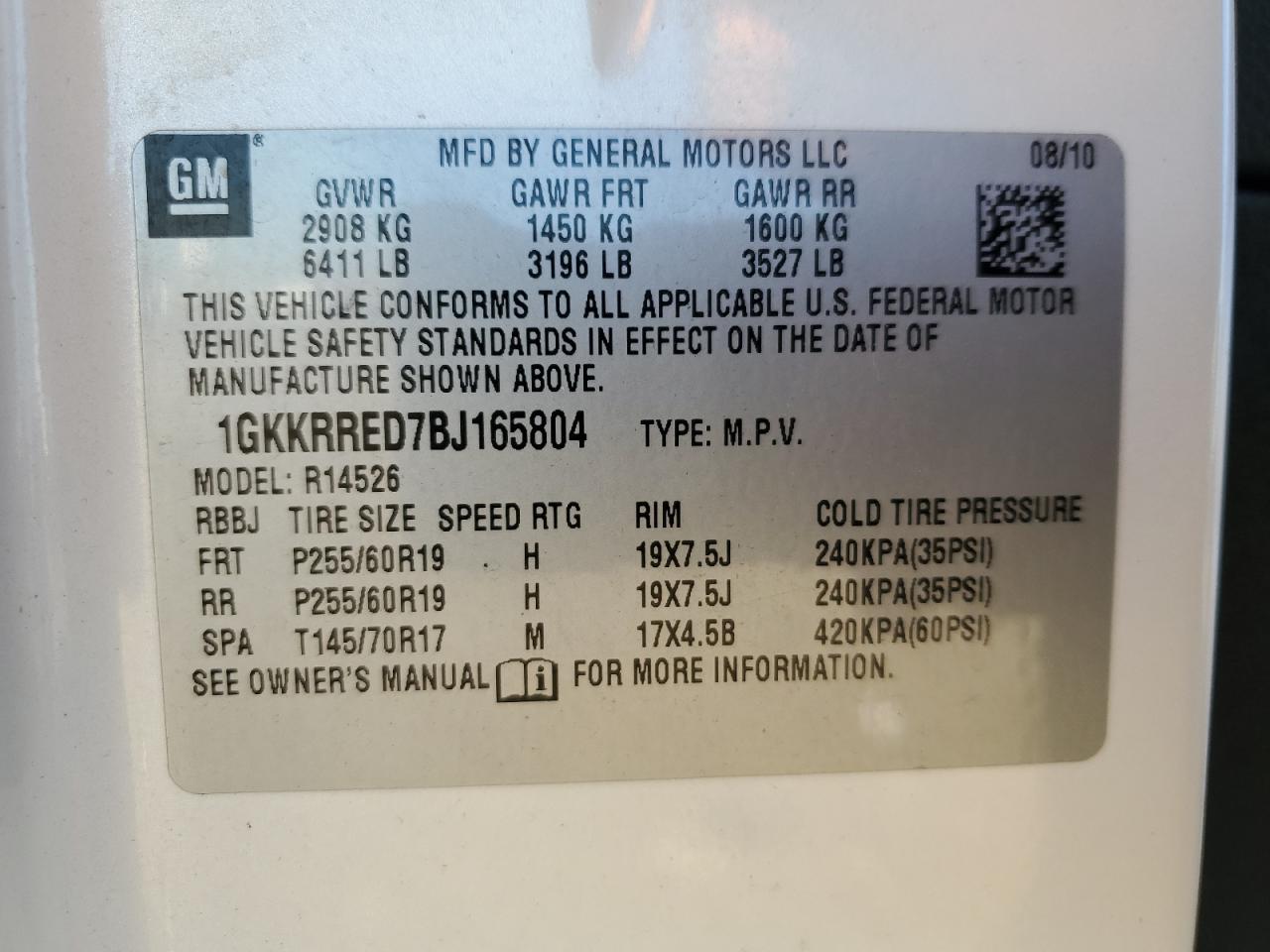 2011 GMC Acadia Slt-1 VIN: 1GKKRRED7BJ165804 Lot: 90451265