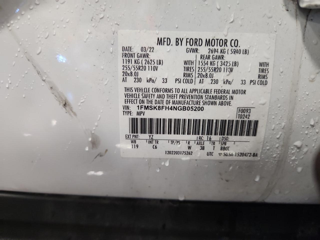 2022 Ford Explorer Limited VIN: 1FMSK8FH4NGB05200 Lot: 92736235