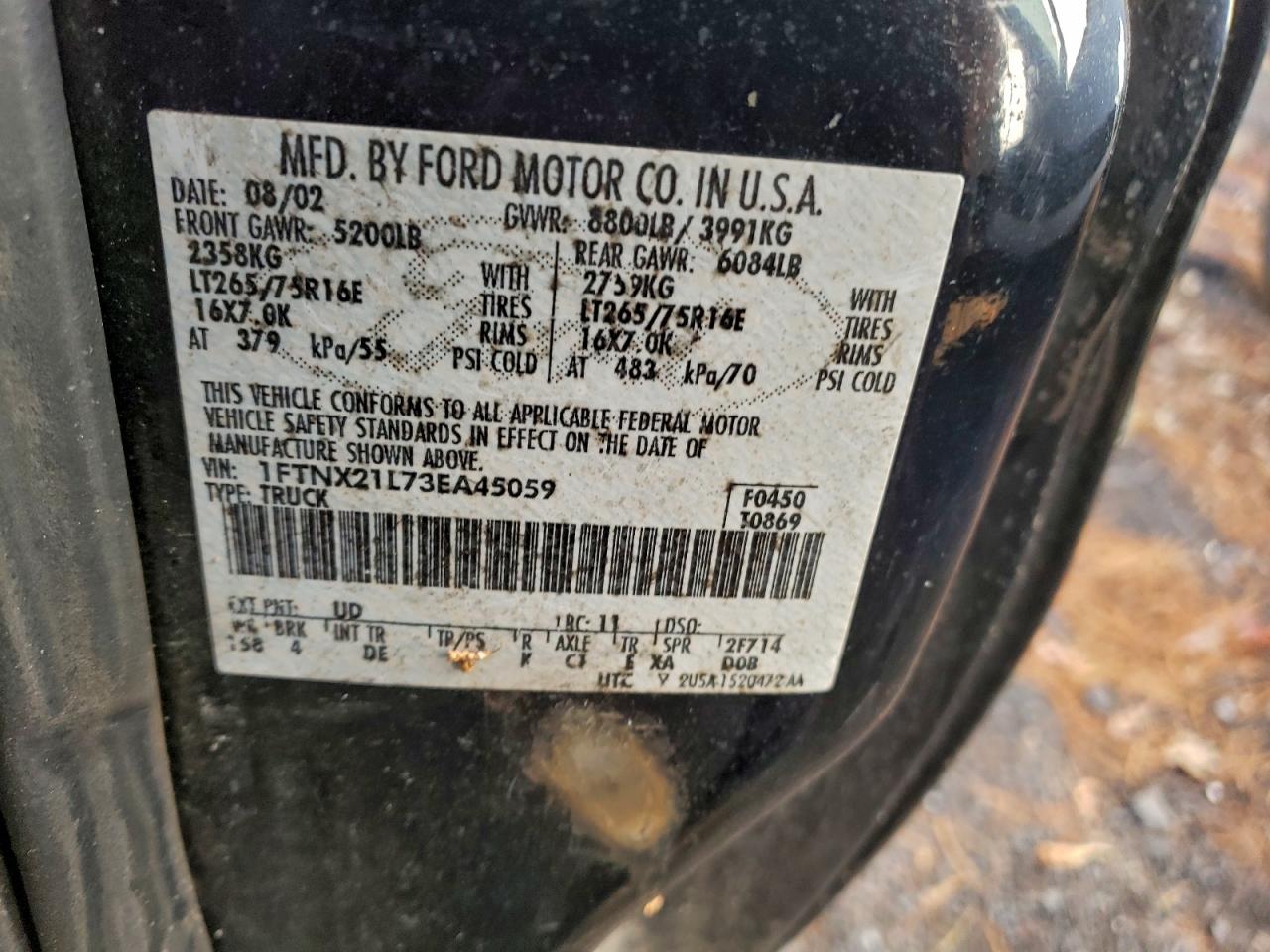 2003 Ford F250 Super Duty VIN: 1FTNX21L73EA45059 Lot: 92439415