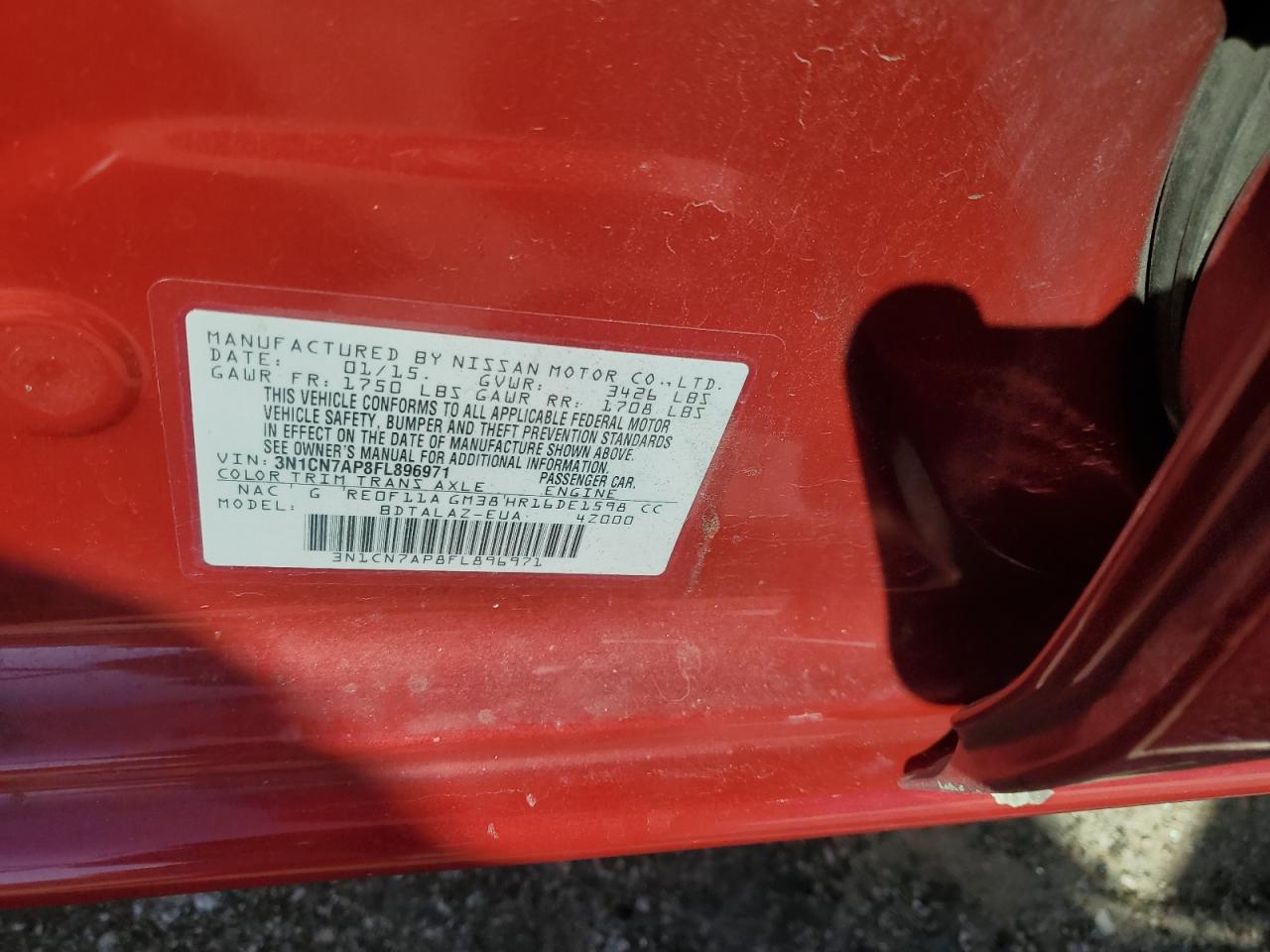 2015 Nissan Versa S VIN: 3N1CN7AP8FL896971 Lot: 91588105