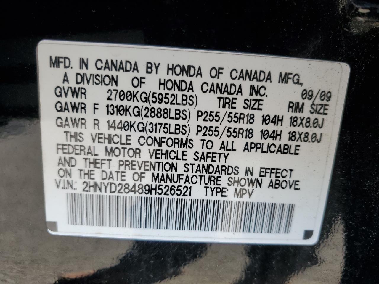 2009 Acura Mdx Technology VIN: 2HNYD28489H526521 Lot: 91236325