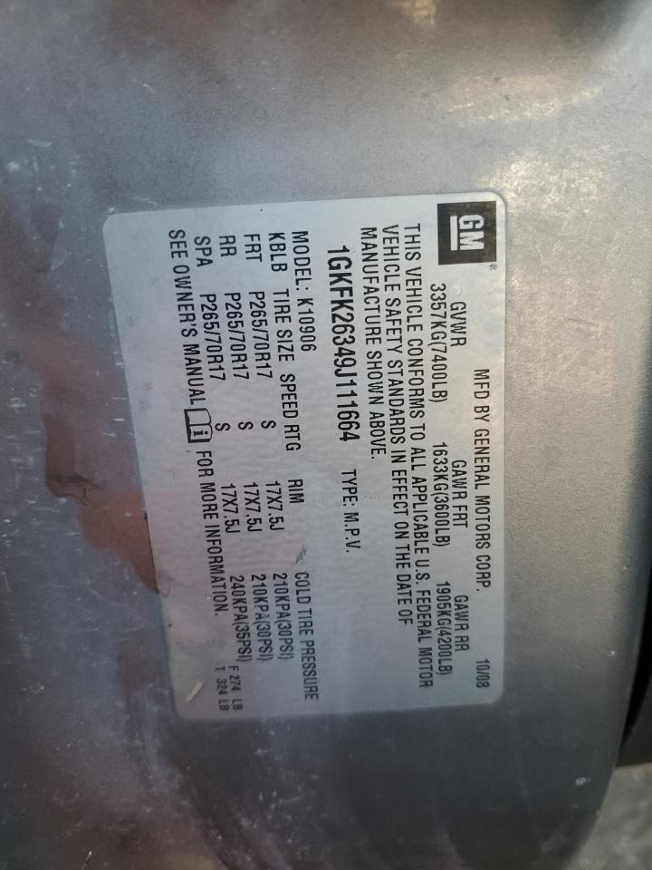 2009 GMC Yukon Xl K1500 Sle VIN: 1GKFK26349J111664 Lot: 93195775