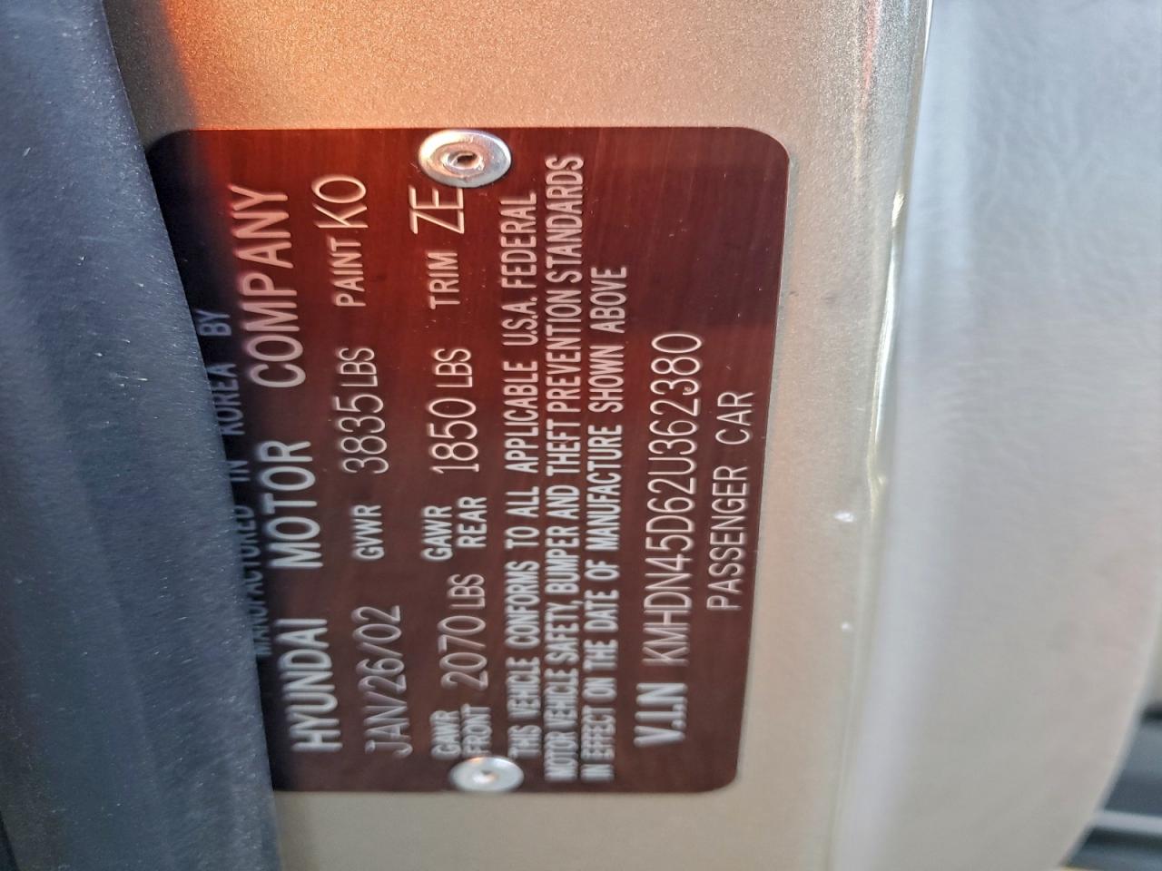 2002 Hyundai Elantra Gls VIN: KMHDN45D62U362380 Lot: 94531915