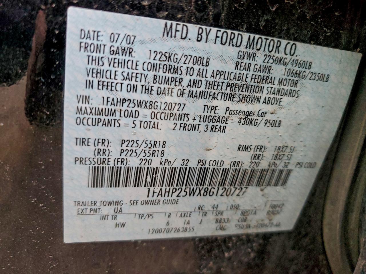 2008 Ford Taurus Limited VIN: 1FAHP25WX8G120727 Lot: 94069255