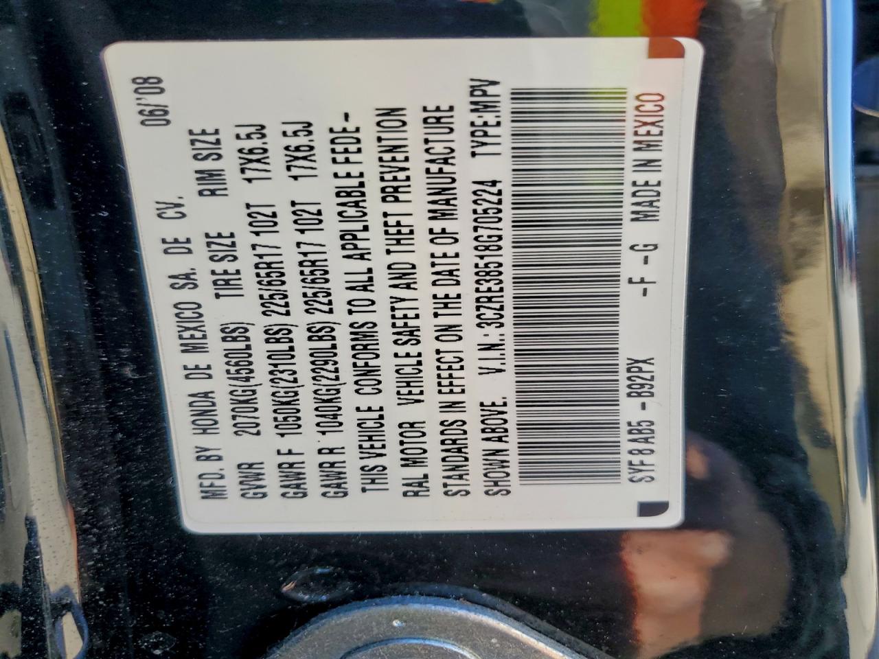 2008 Honda Cr-V Ex VIN: 3CZRE38518G705224 Lot: 94376035