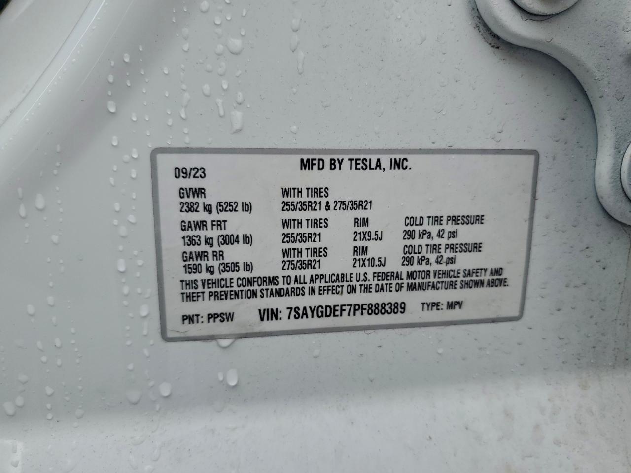 2023 Tesla Model Y VIN: 7SAYGDEF7PF888389 Lot: 93313465