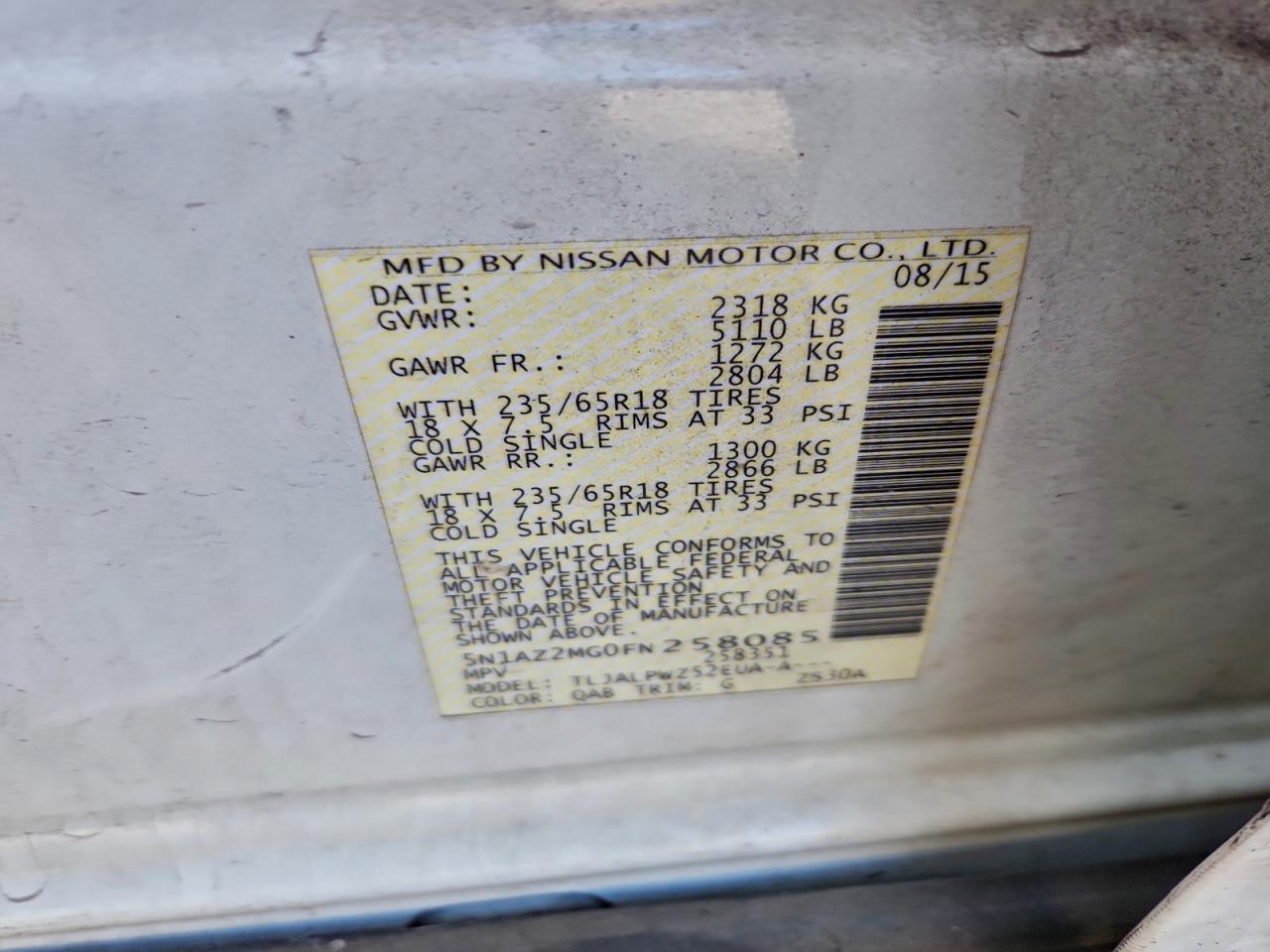 2015 Nissan Murano S VIN: 5N1AZ2MG0FN258085 Lot: 94581715