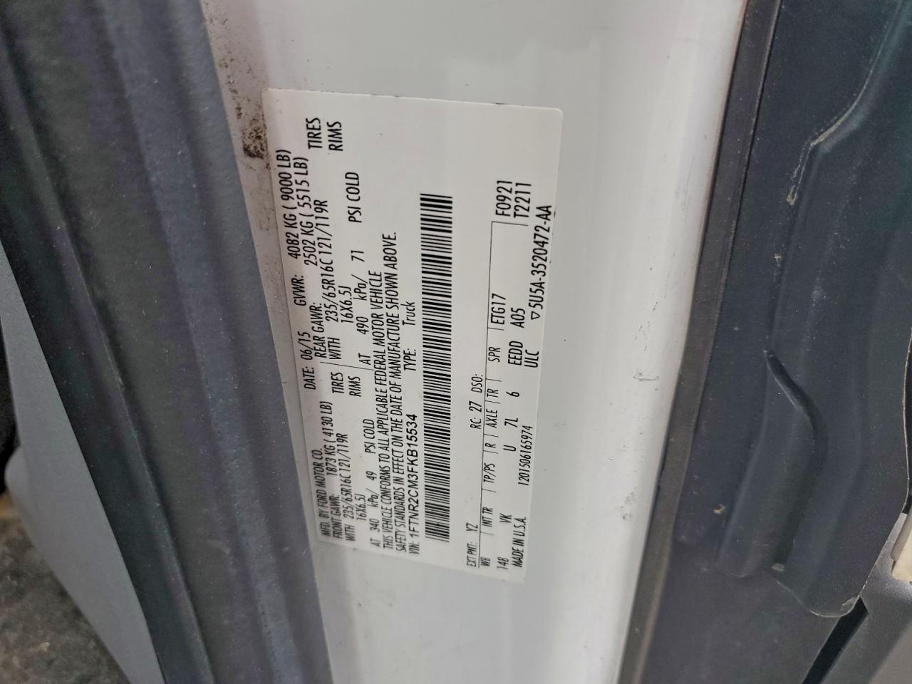 2015 Ford Transit T-250 VIN: 1FTNR2CM3FKB15534 Lot: 93421395