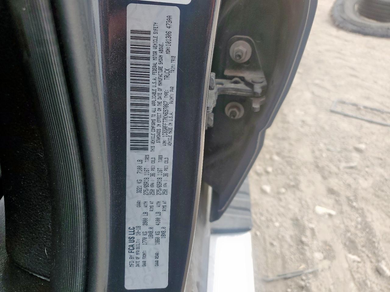 2019 Ram 1500 Big Horn/Lone Star VIN: 1C6SRFFT7KN697067 Lot: 93916365